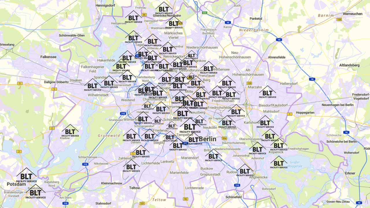 Karte mit BLT-Facility-Service-Einsatzorten in Berlin und Umland – von Spandau bis Köpenick, von Hermsdorf bis Potsdam.